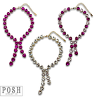 Pink Panache Brands rhinestone heart lariat necklace with sparkling clear rhinestones and delicate chain detail.