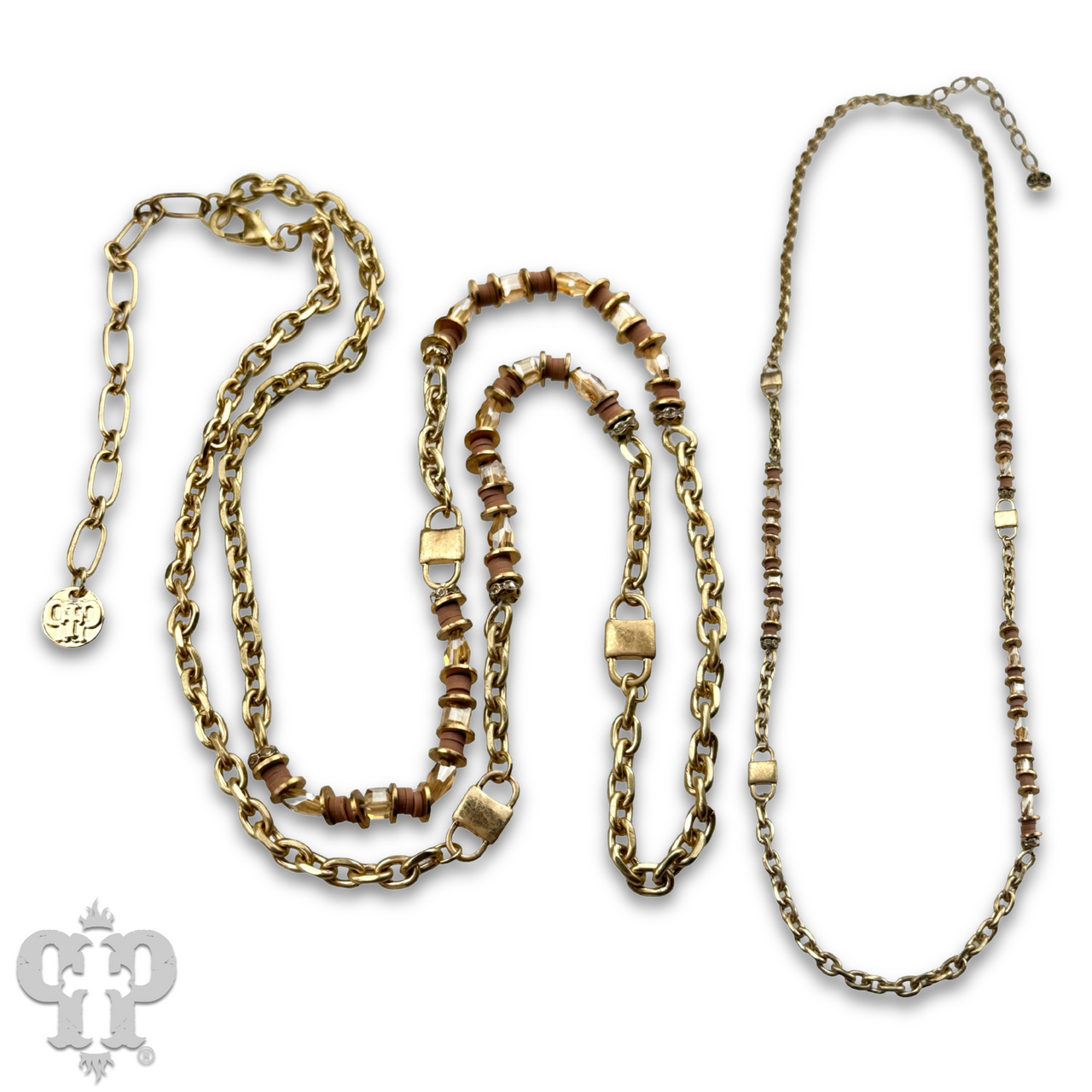 Gold chain and champagne bead necklace from Pink Panache Brands, featuring a delicate gold chain with elegant champagne-colored beads.