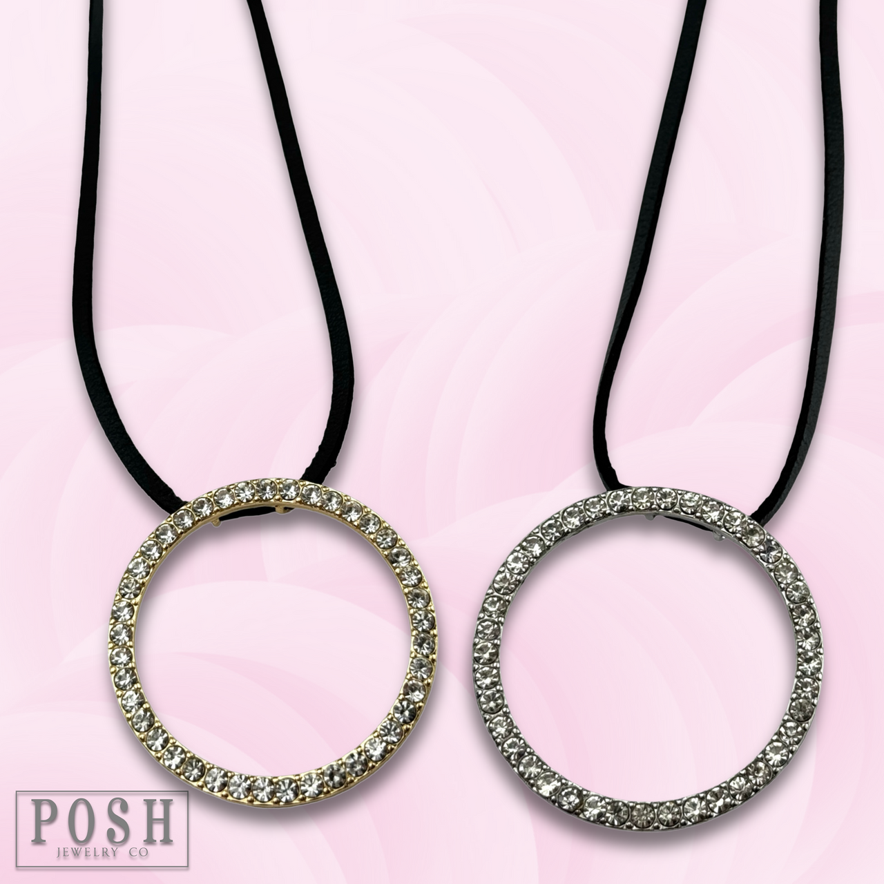 Gold round rhinestone pendant necklace from Pink Panache Brands, featuring a sparkling, circular design for elegant jewelry styling.