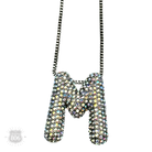 Silver necklace with a rhinestone letter pendant, featuring a pink panache brands design and elegant jewelry style.