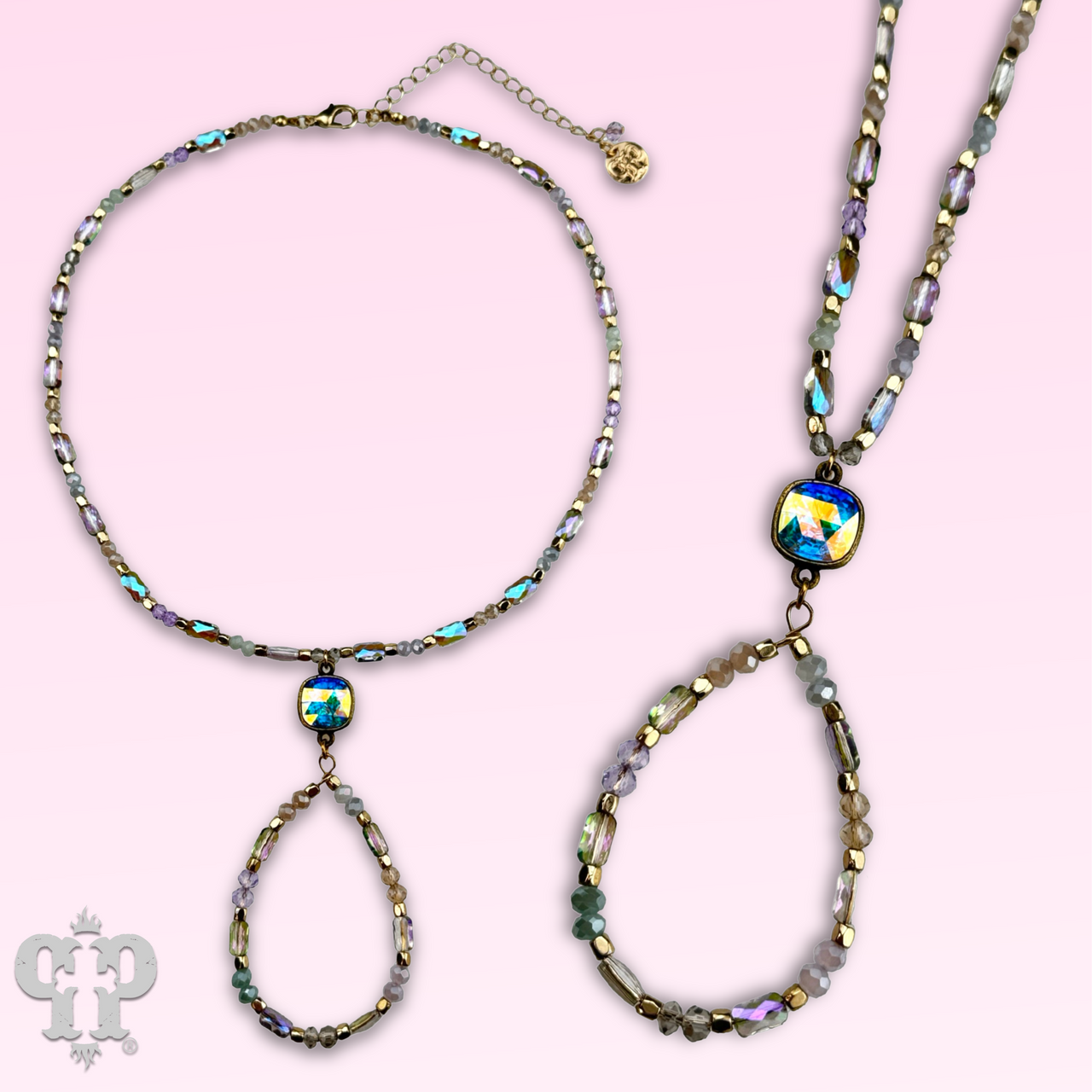 Purple bead and teardrop necklace with Austrian crystals by Pink Panache Brands, featuring elegant, colorful jewelry design.