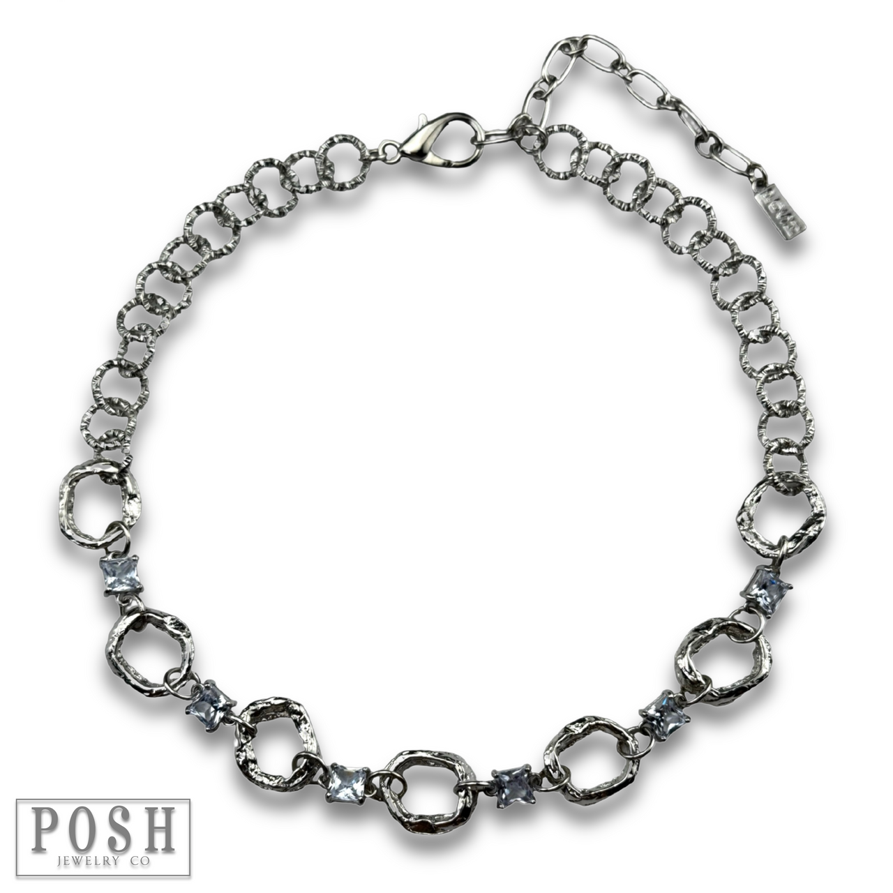 Silver chain necklace by Pink Panache Brands featuring square rhinestones for a stylish, sparkling jewelry accessory.