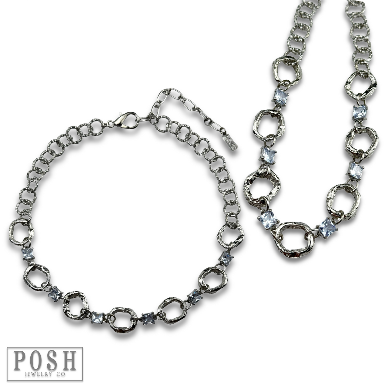 Silver chain necklace by Pink Panache Brands featuring square rhinestone accents, showcasing elegant jewelry design.