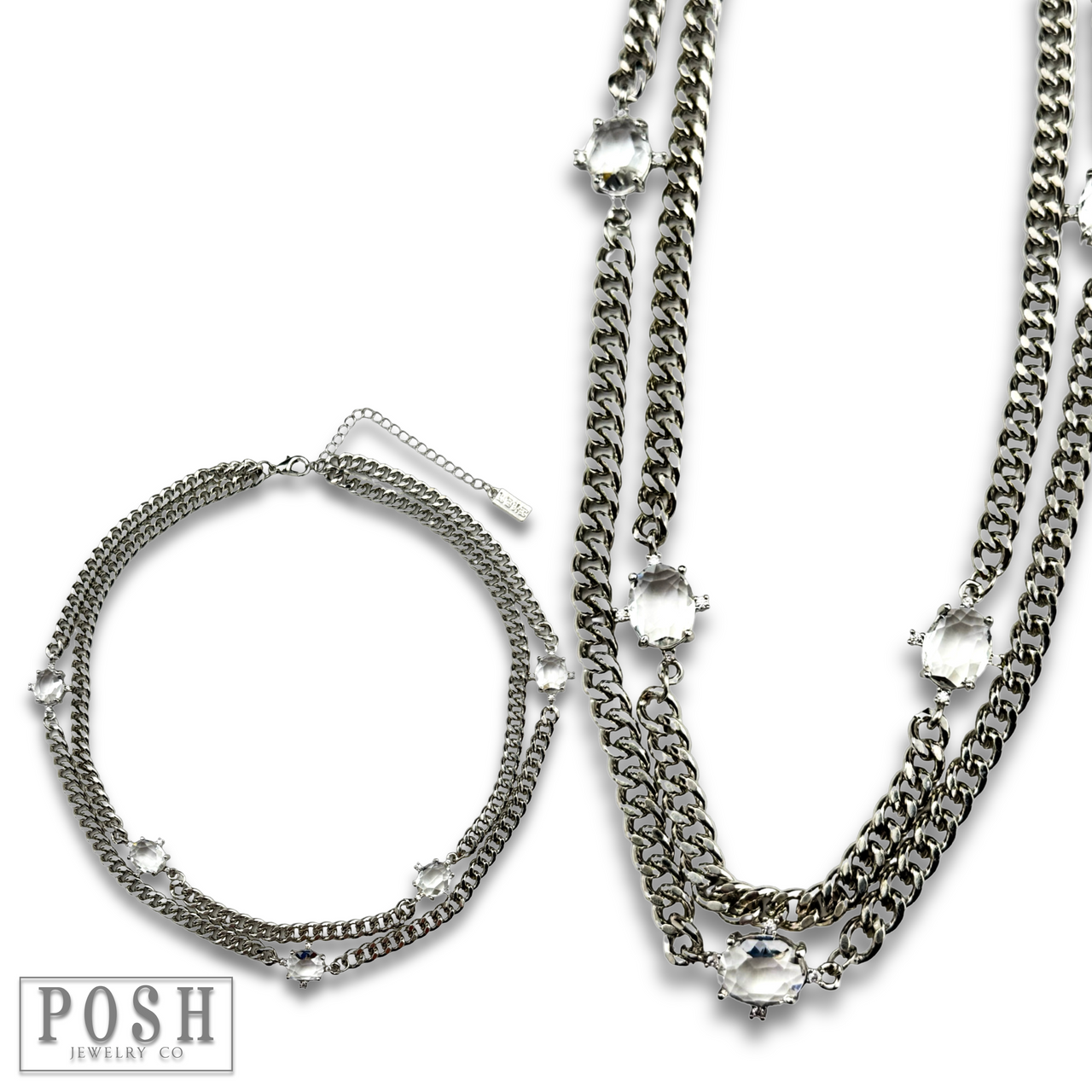 Silver double strand curb chain necklace from Pink Panache Brands, featuring layered curb link design.