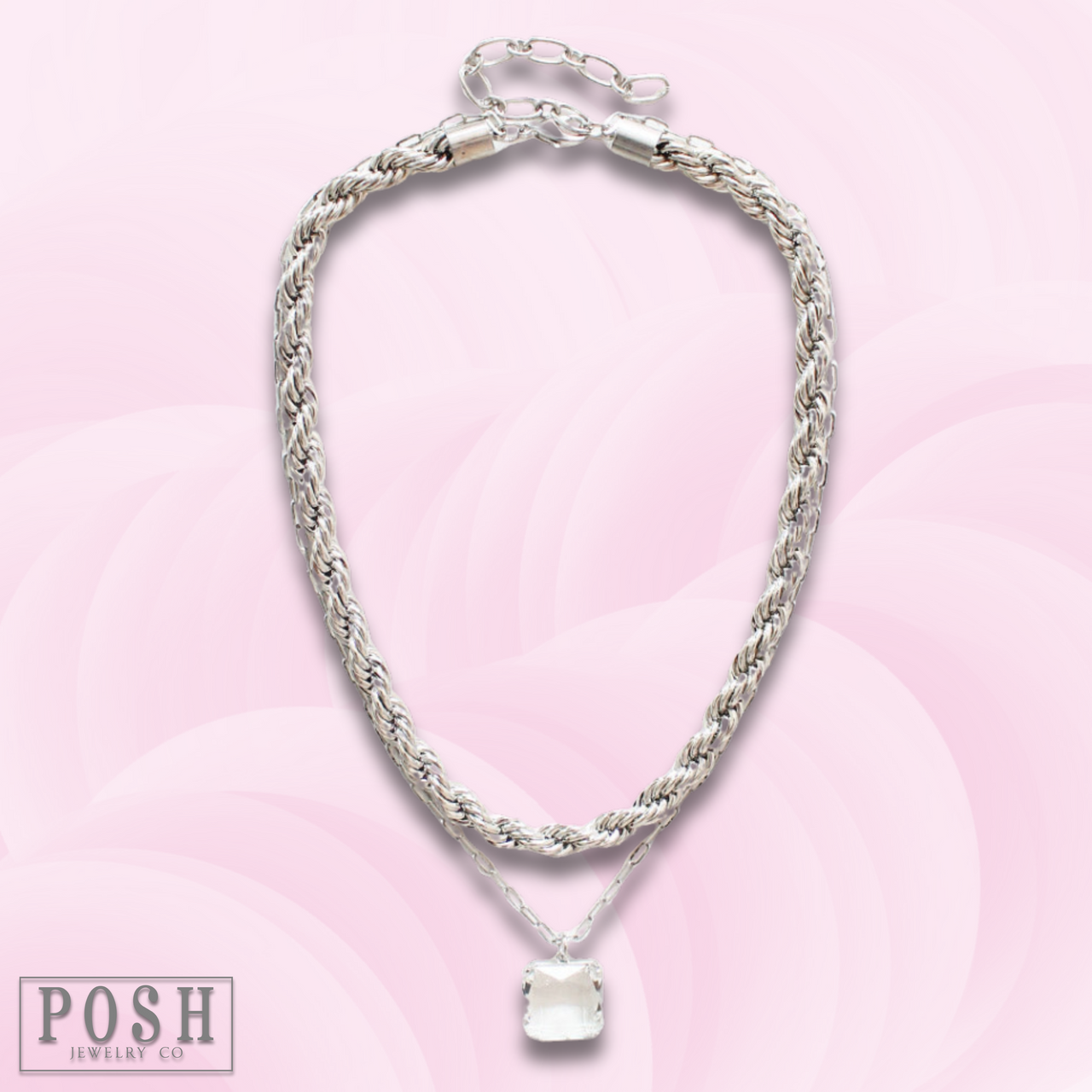 Silver tone double chain necklace from Pink Panache Brands featuring layered chain design and a sleek, modern style.