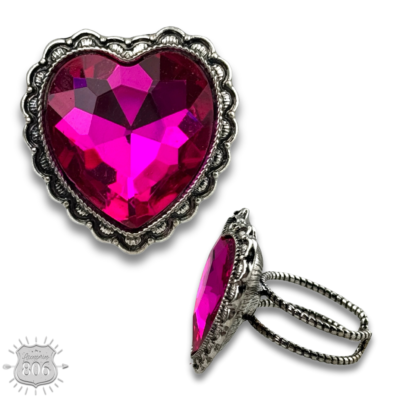 Fuchsia rhinestone heart ring by Pink Panache Brands, sparkling jewelry piece with detailed heart-shaped design.