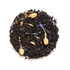8 oz of Plum Deluxe Creme Brulee Earl Grey Black Tea in a clear glass jar with a black lid, showcasing the tea blend.