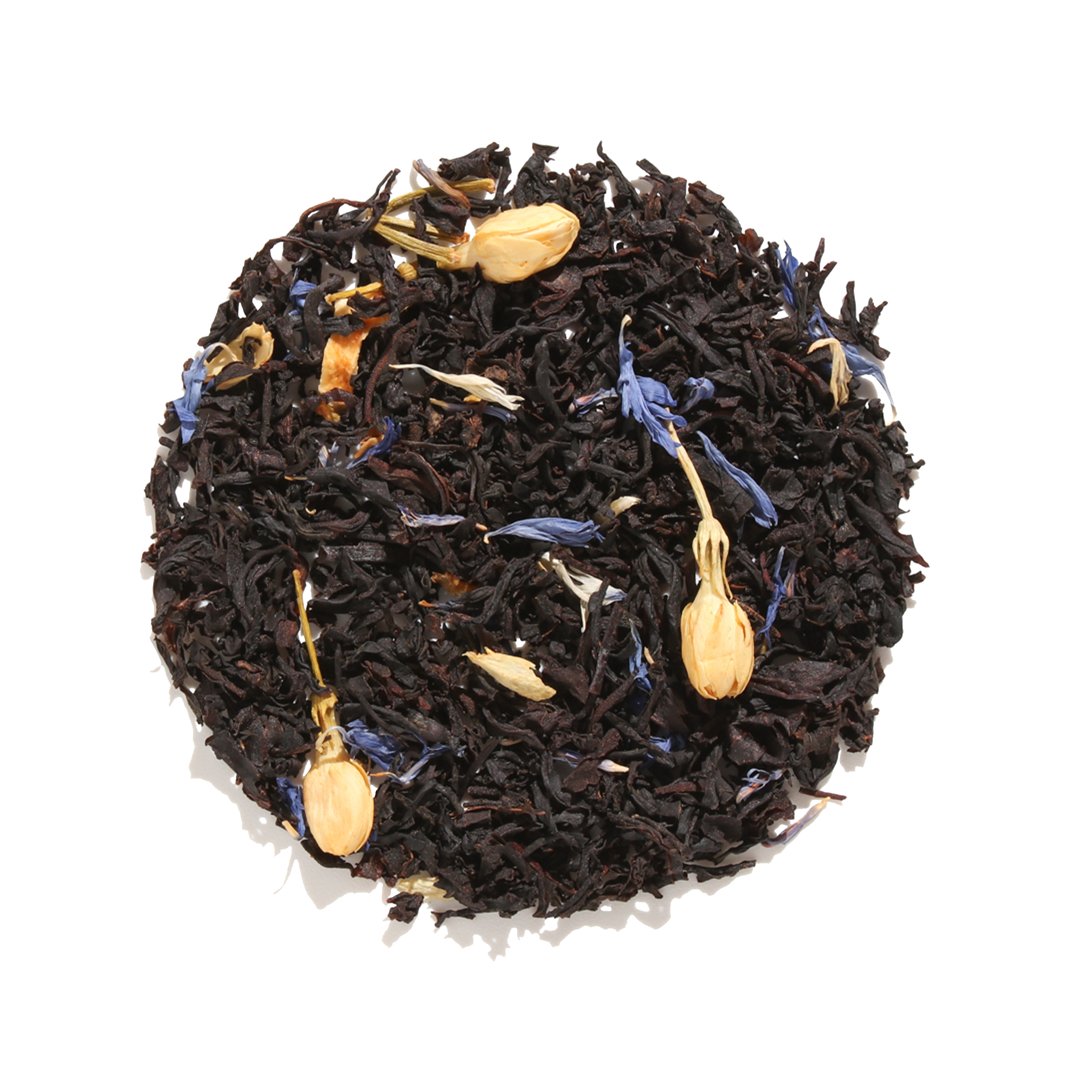 8 oz of Plum Deluxe Creme Brulee Earl Grey Black Tea in a clear glass jar with a black lid, showcasing the tea blend.