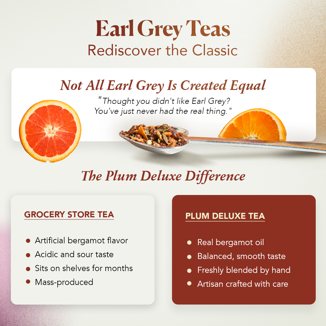 Plum Deluxe Tea Gratitude Blend, Strawberry Earl Grey loose leaf tea in a 1 oz package, with dried strawberry pieces and Earl Grey tea leaves.