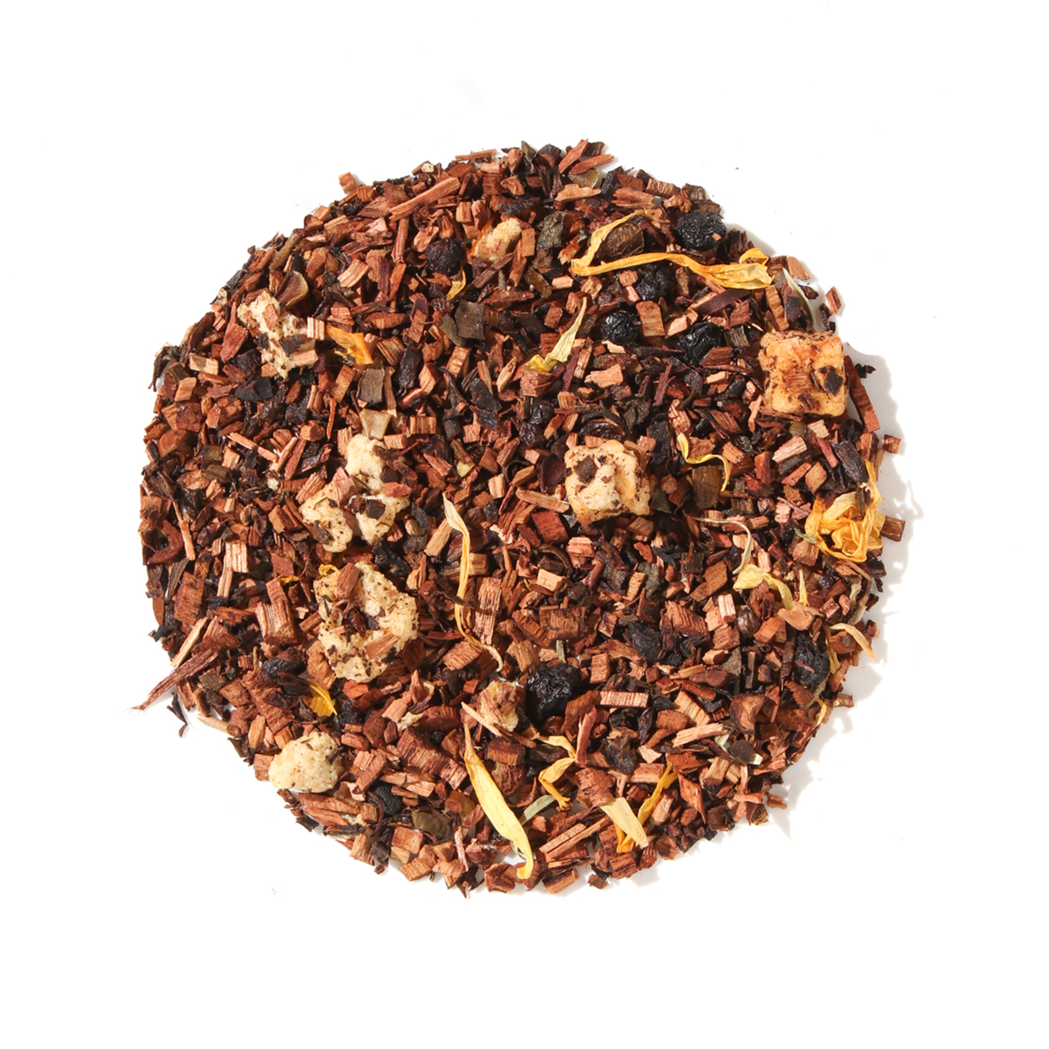 A 1 oz bag of Plum Deluxe Tea's The Self Care Blend with elderberry and apricot, showing the tea blend in a clear package.