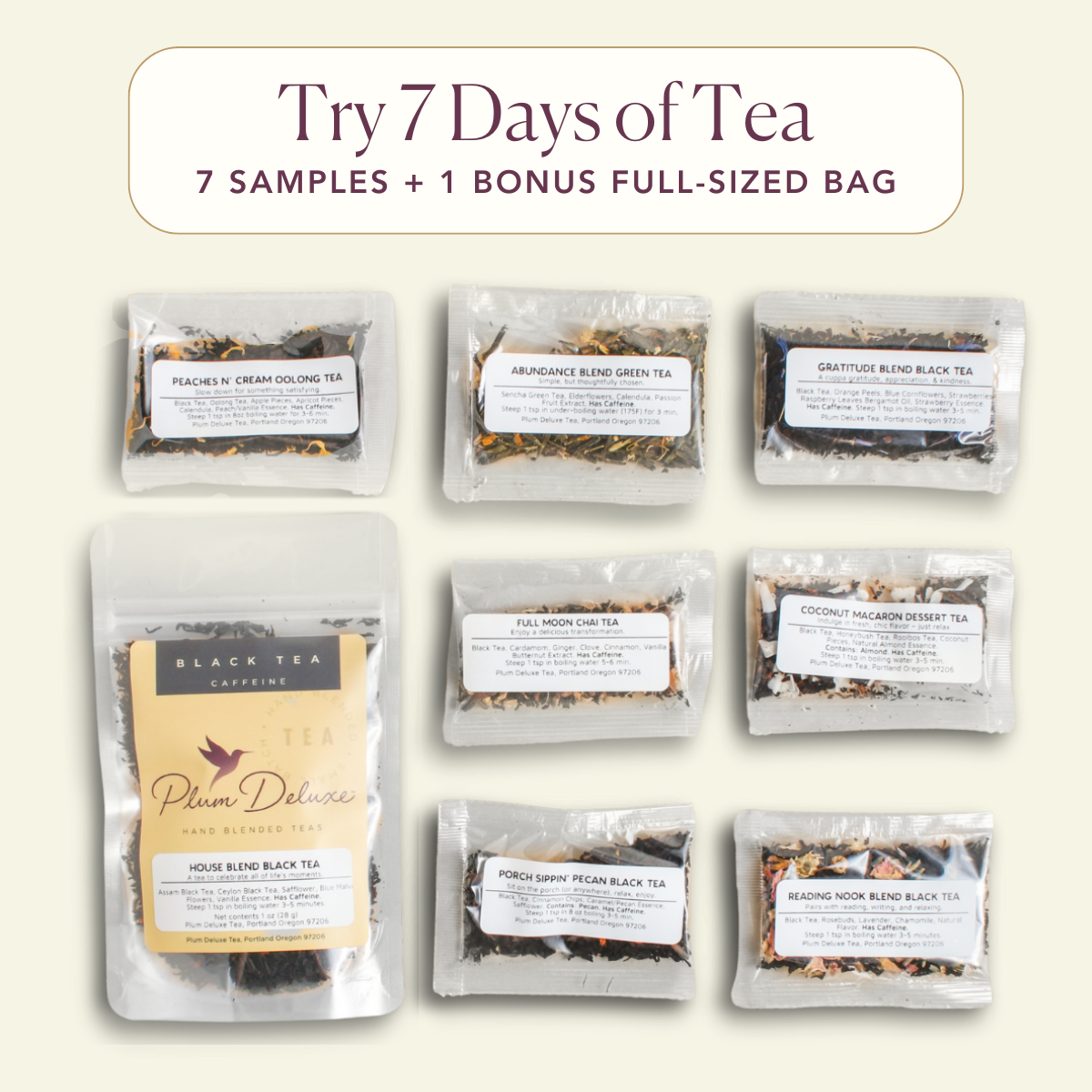 Assorted Plum Deluxe Tea Best Sellers Sampler Set with various caffeinated tea flavors in decorative packaging.