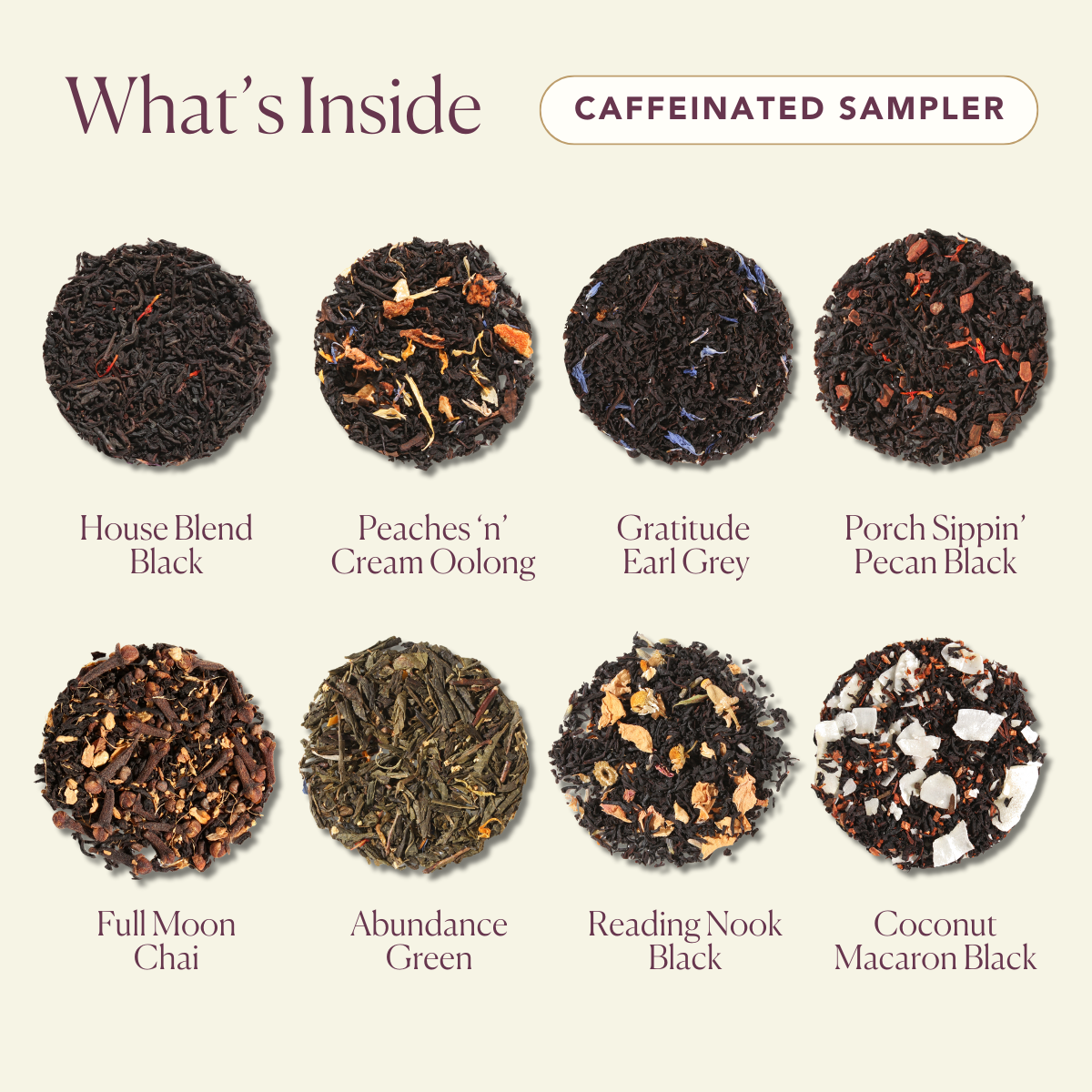 Assorted Plum Deluxe Tea Best Sellers Sampler Set featuring a variety of caffeinated tea bags in a colorful box.