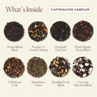 Assorted Plum Deluxe Tea Best Sellers Sampler Set featuring a variety of caffeinated tea bags in a colorful box.