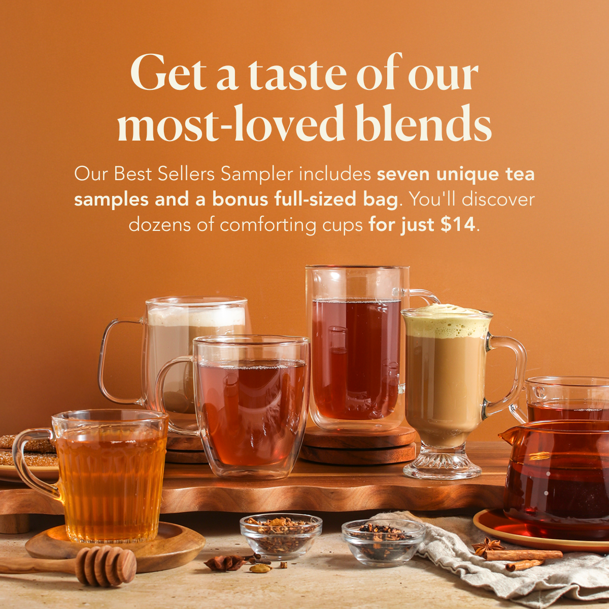Assorted Plum Deluxe Tea Best Sellers Sampler Set featuring various caffeinated tea blends in colorful packaging.