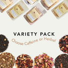 Plum Deluxe Tea iced tea variety pack with six flavors, featuring colorful bottles of caffeinated iced tea on a white background.