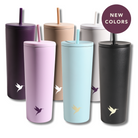 Dark purple Plum Deluxe Tea hot and cold tumbler with lid, suitable for hot or iced tea, featuring a sleek, portable design.