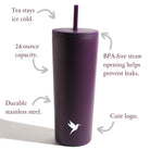 Dark purple Plum Deluxe Tea hot and cold tumbler with lid, designed for hot and iced tea on the go.