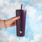 Dark purple Plum Deluxe Tea hot and cold tumbler with lid, designed for hot and iced tea on the go.