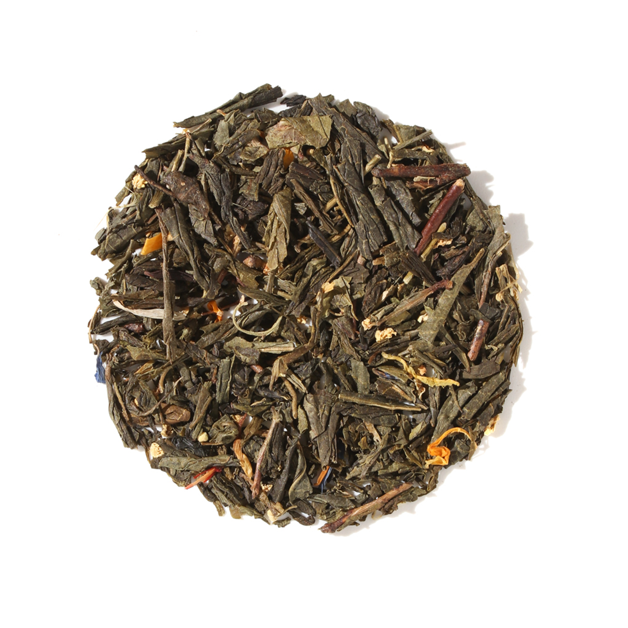 Green tea blend with passionfruit and elderflower from Plum Deluxe, featuring fresh, vibrant ingredients in a colorful tea package.