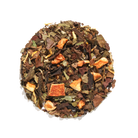 Plum Deluxe Tea Afternoon High Tea White Tea with peach and pear flavor, displayed in a clear glass cup with tea leaves.