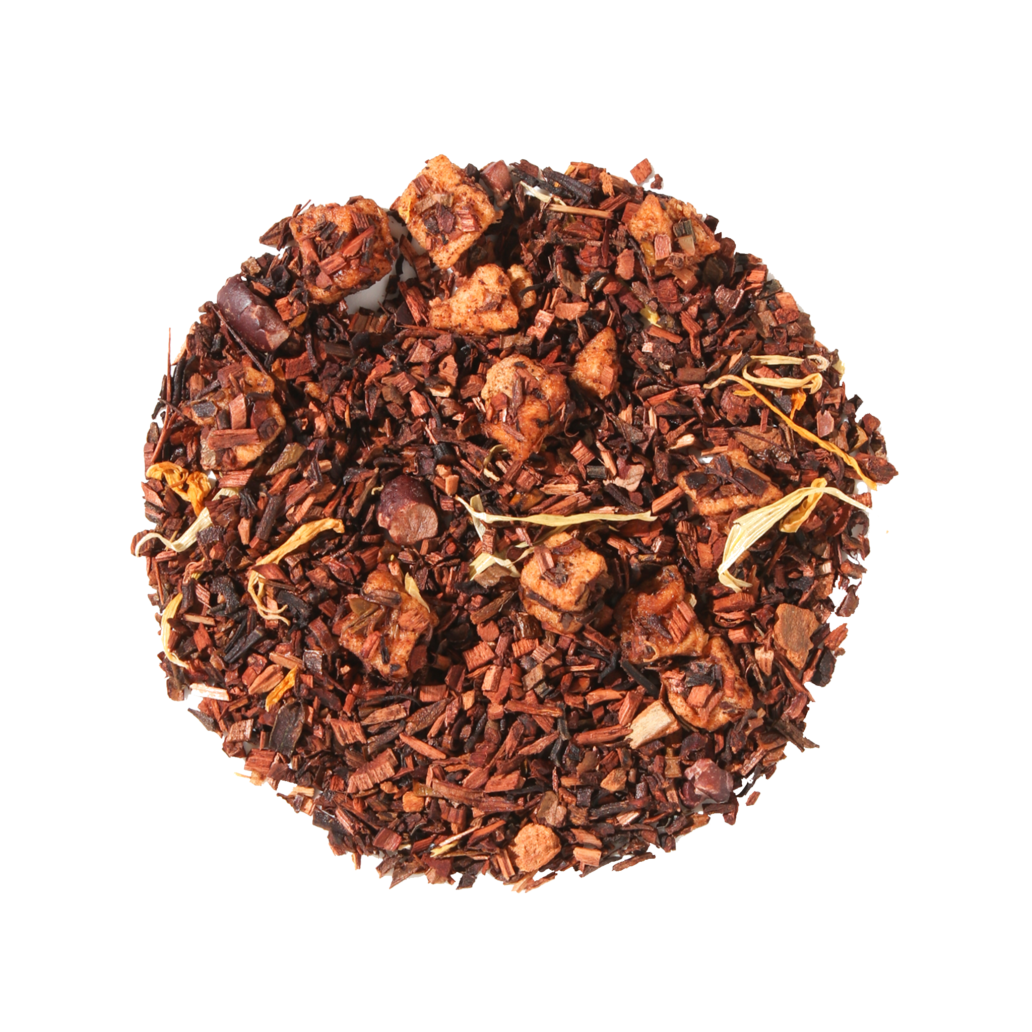 Banana Bread Herbal Dessert Tea with Chocolate and Chestnut by Plum Deluxe Tea, steaming in a teacup with tea leaves.