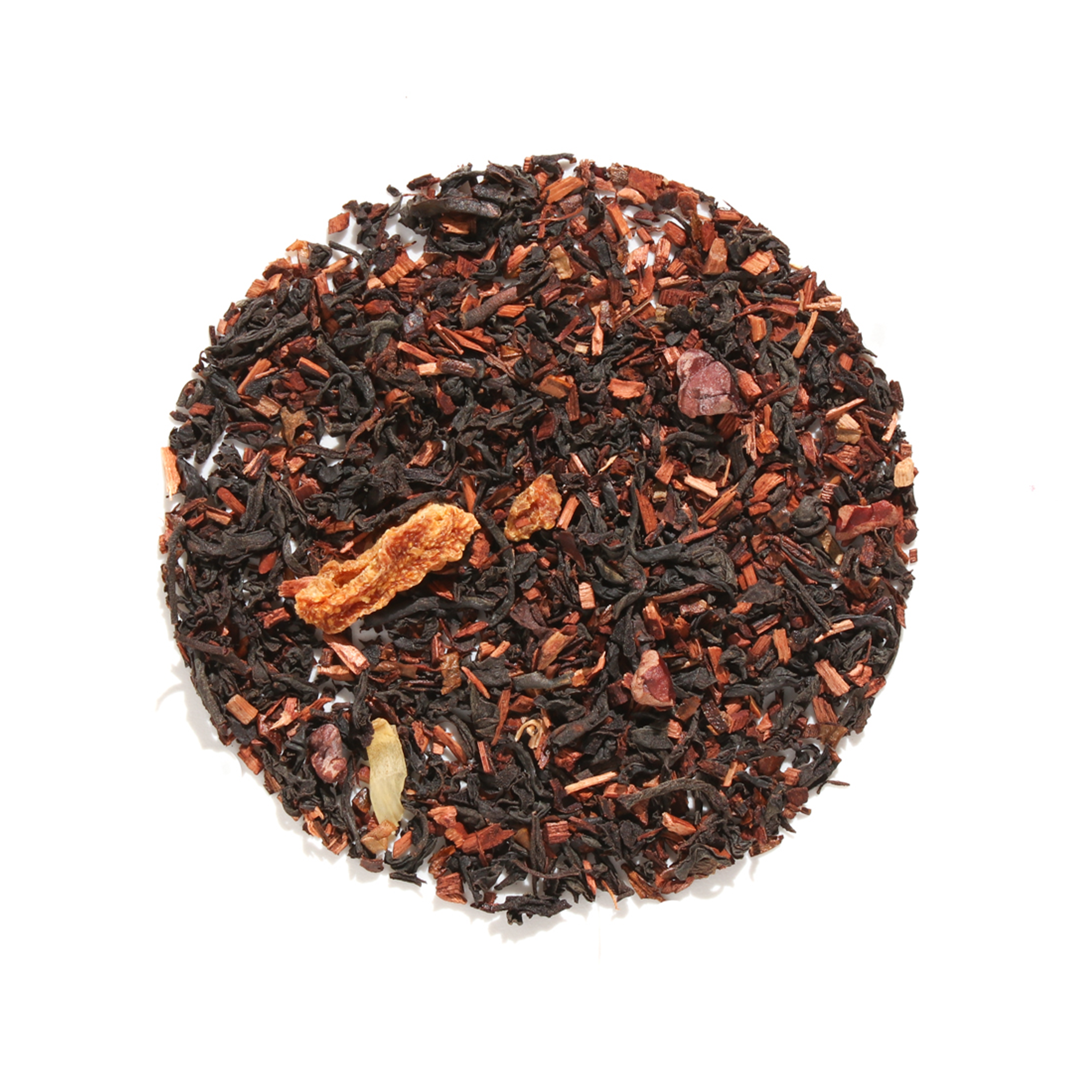 Plum Deluxe Tea Brunch in Paris black tea blend with chocolate and orange, showing the tea leaves and citrus slices in a cup