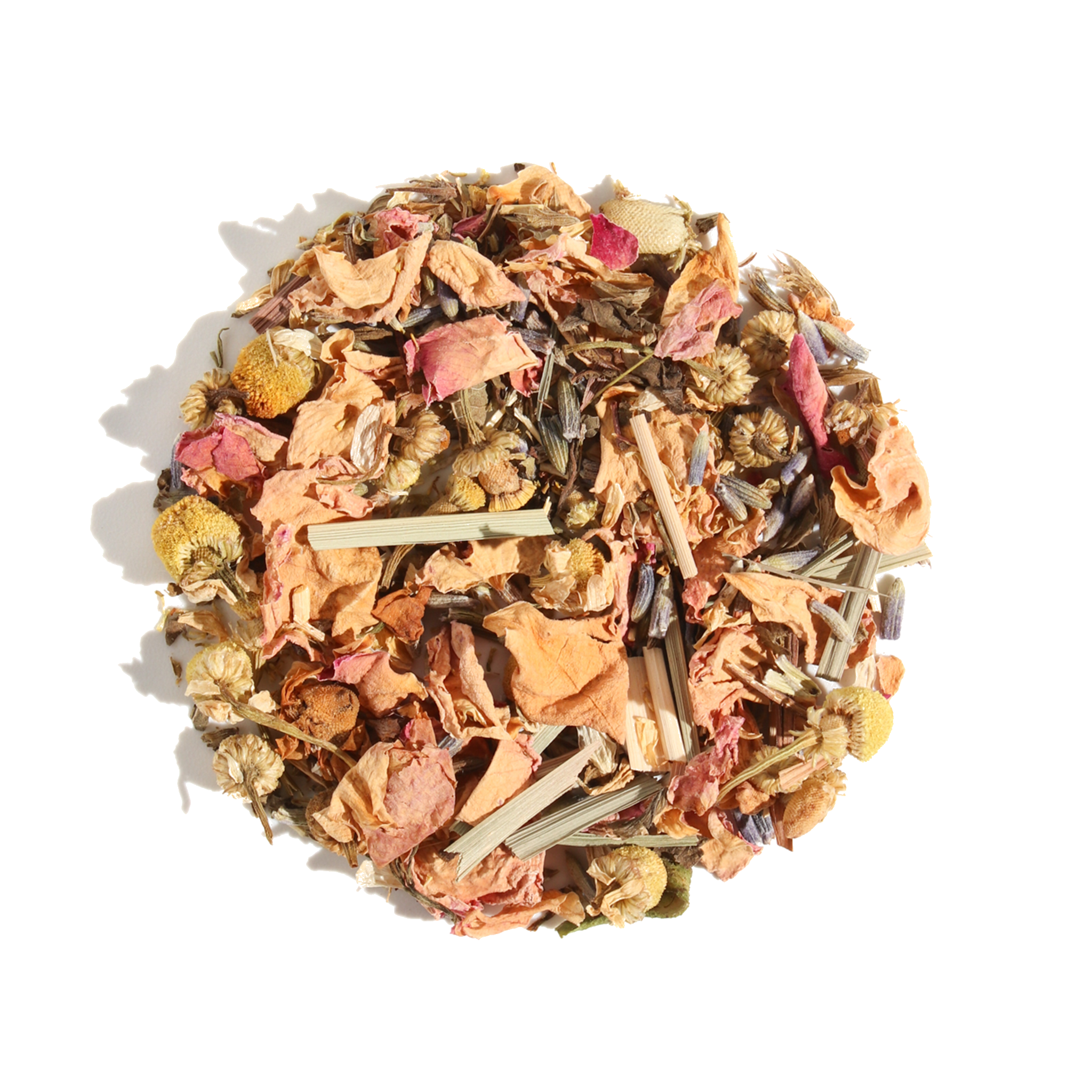Calm Chamomile Bloom herbal tea by Plum Deluxe, with rose and lavender, in a teacup with chamomile flowers and tea leaves.