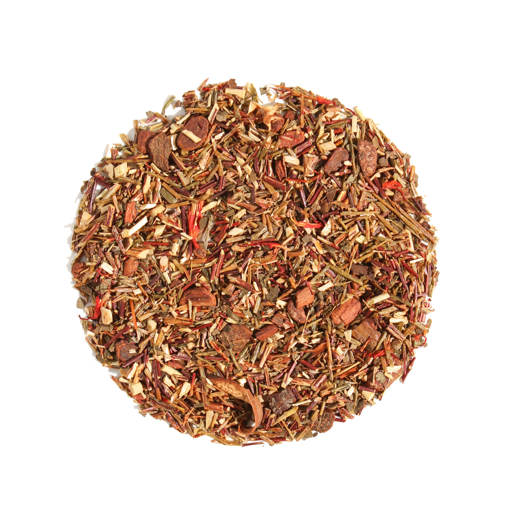 Glass cup of caramel snickerdoodle herbal dessert tea by Plum Deluxe Tea with cinnamon and caramel swirls.