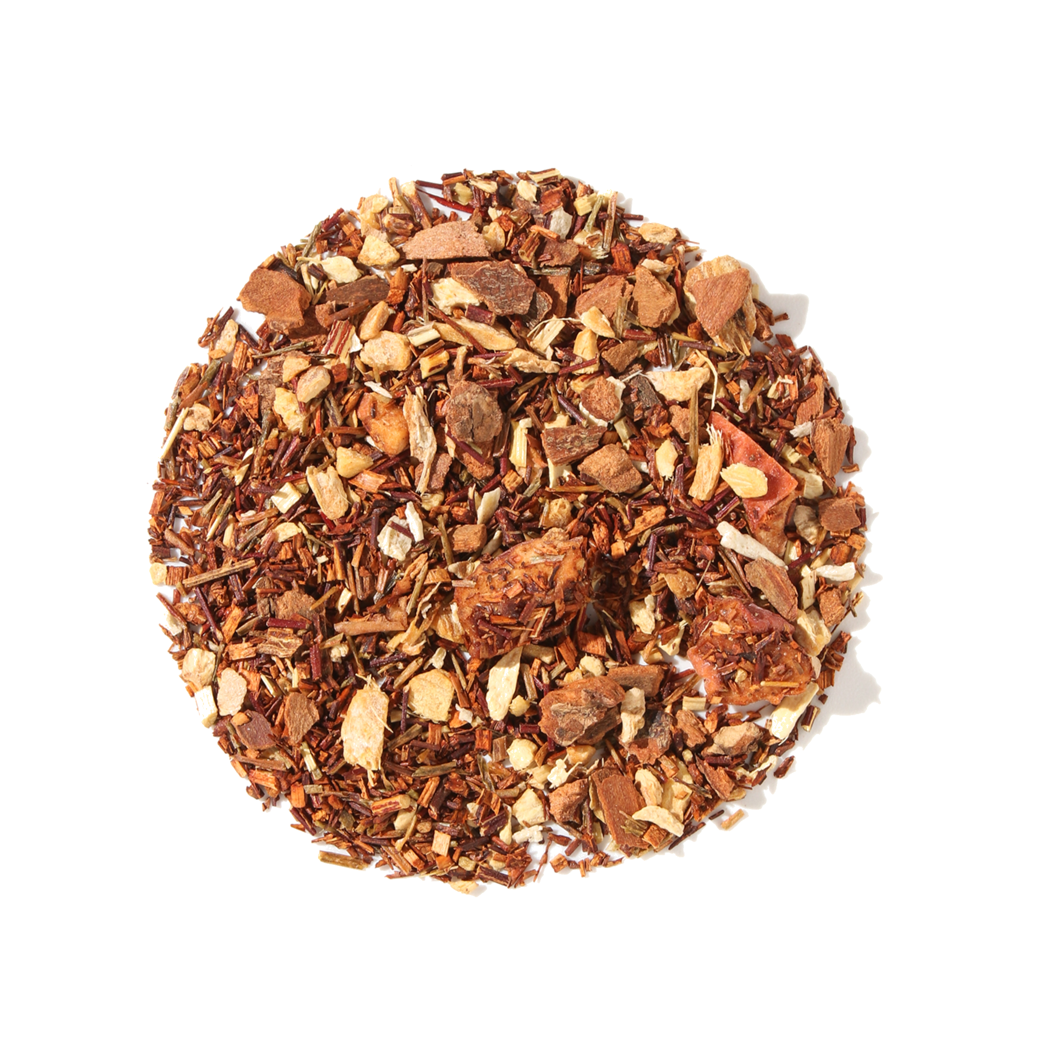 Cup of Plum Deluxe Coconut Ginger Soother Herbal Tea with apple and cinnamon flavors in a clear glass mug.