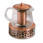 Copper Rose glass teapot with warmer by Plum Deluxe Tea, featuring a clear glass body and elegant copper rose accents.