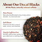 Decaf No Obligations Black Tea by Plum Deluxe with hazelnut, almond, and cinnamon flavor, shown in a tea package.