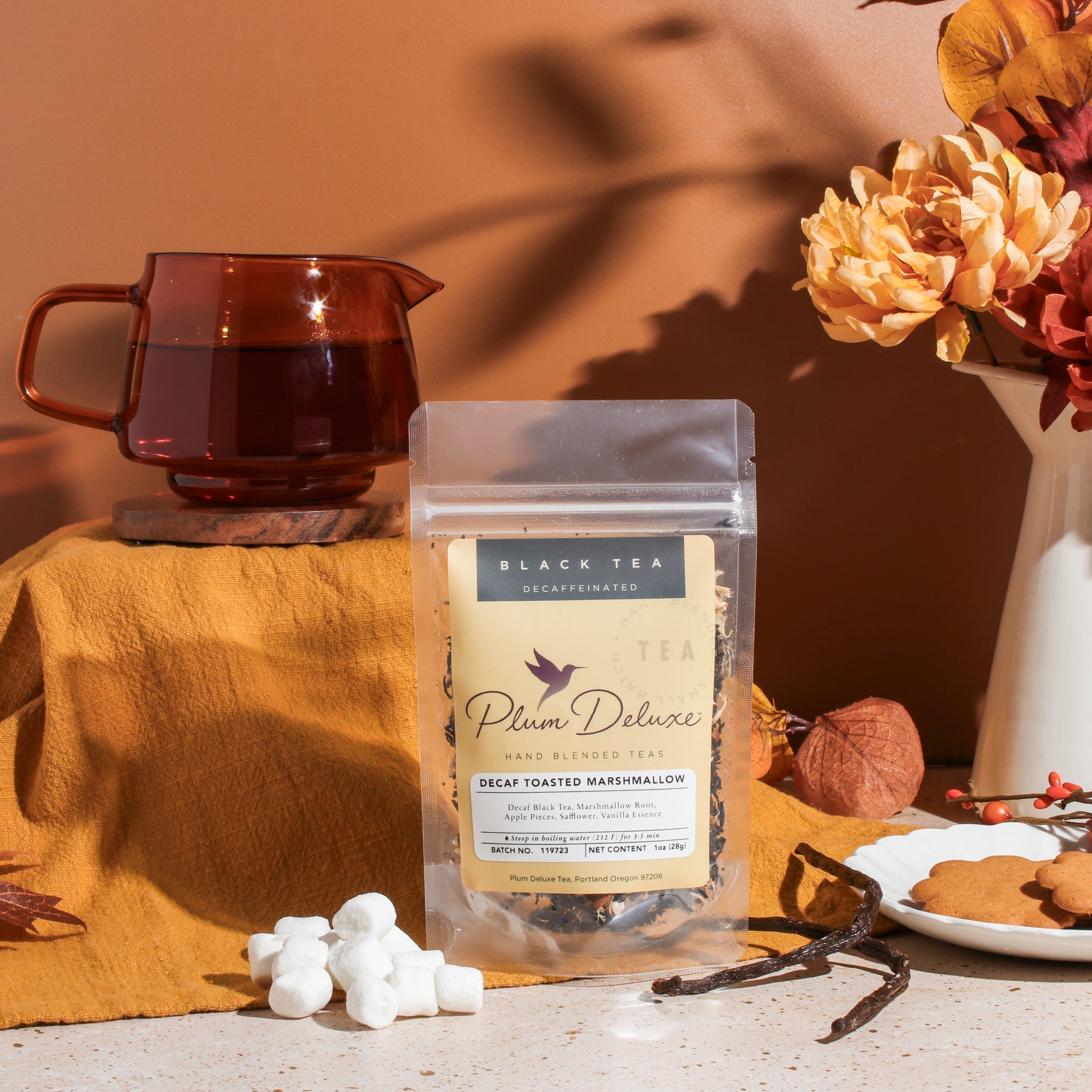 Decaf Toasted Marshmallow Blend black tea by Plum Deluxe, showing loose tea leaves with toasted marshmallow flavor.