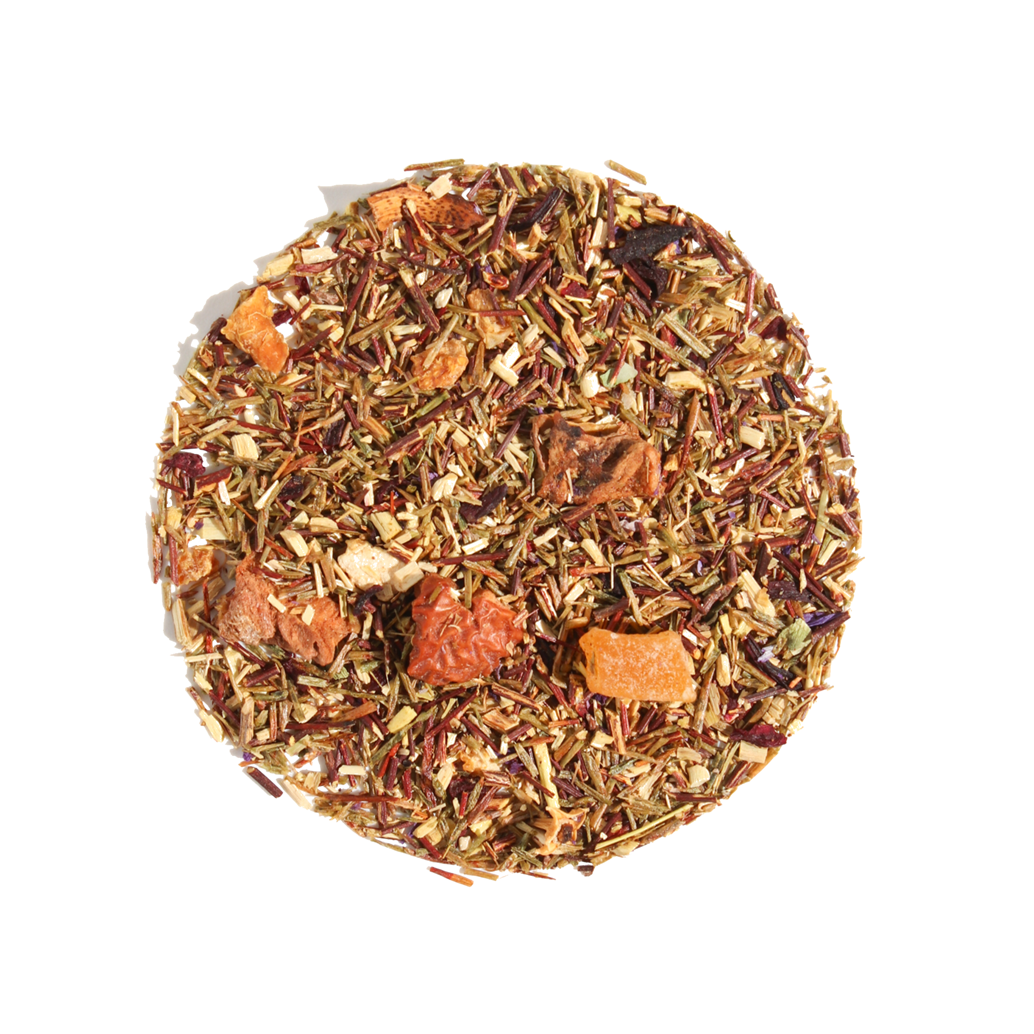 Herbal tea from Plum Deluxe featuring vibrant dragonfruit flavor in a clear glass cup with fresh fruit pieces.