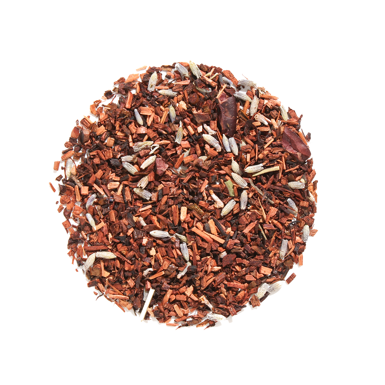 Herbal tea blend by Plum Deluxe Tea featuring chocolate and lavender flavors in a cozy tea cup.