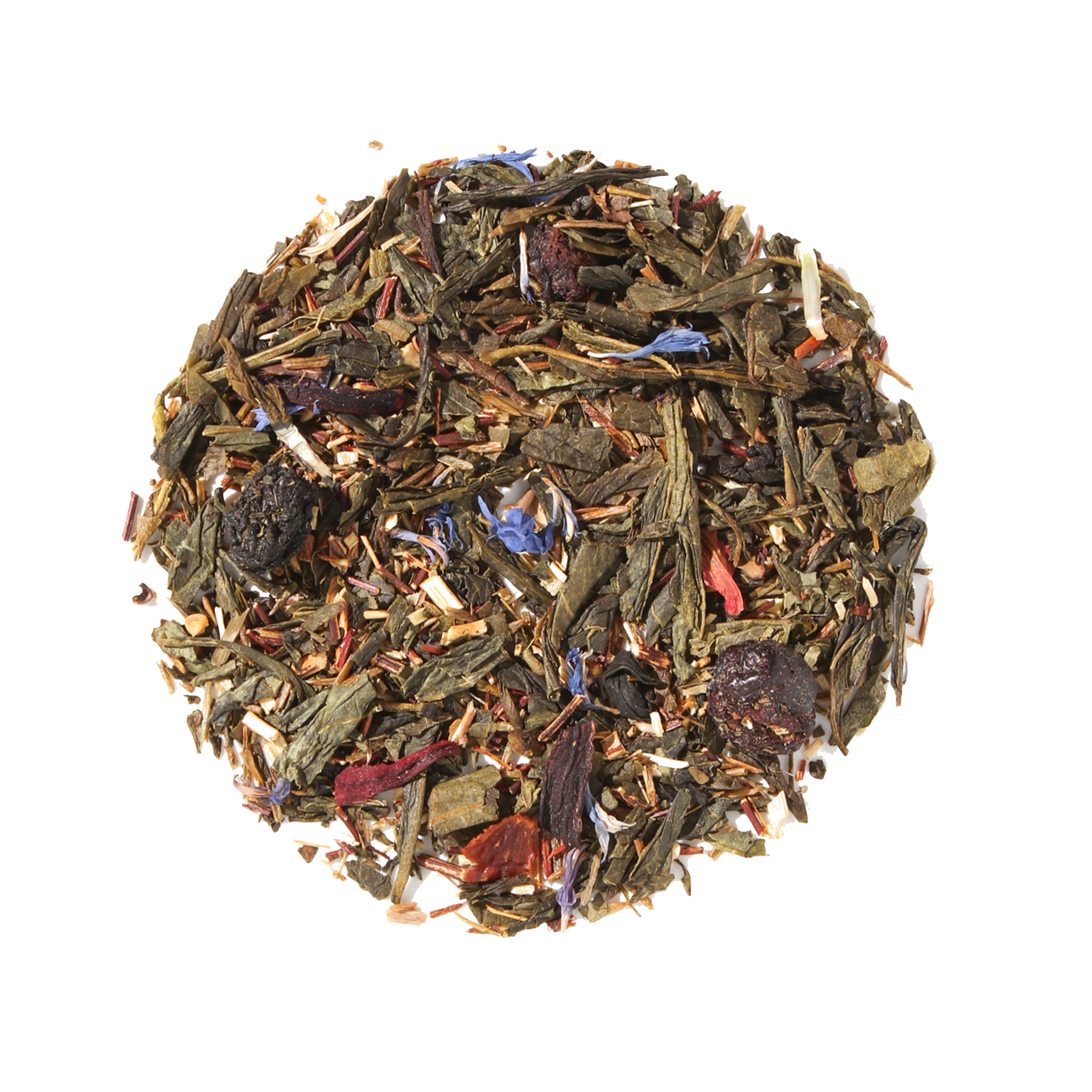 Plum Deluxe Easy to Be Green Tea with Blueberry and Hibiscus in a tea bag on a white background