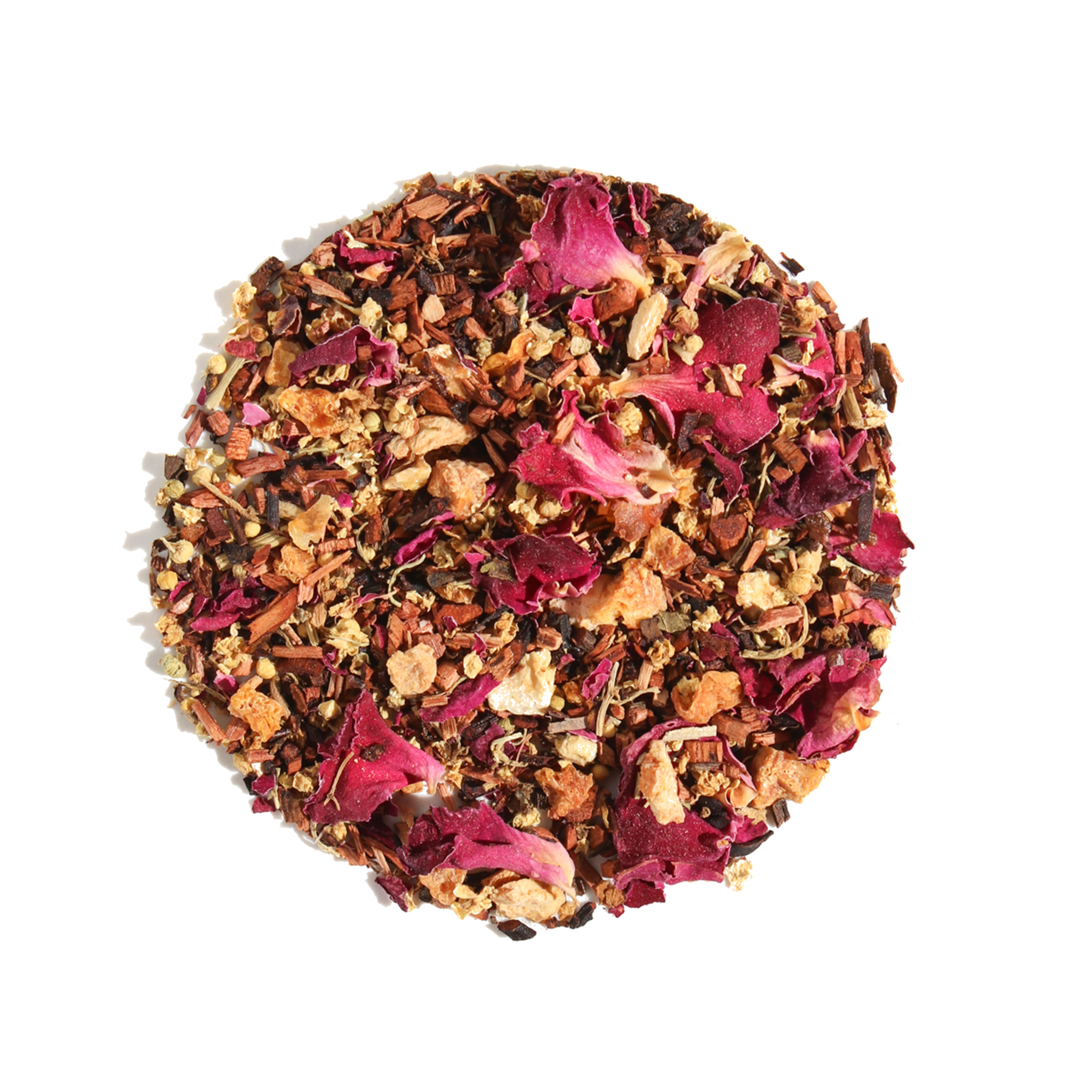 Herbal tea blend in a teacup with elderflower, lemon, and rose, from Plum Deluxe Tea's Evening in the Garden collection.