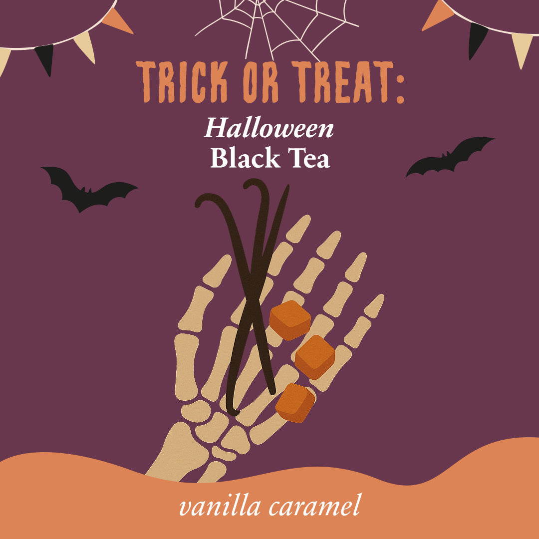 Black tea with vanilla and caramel from Plum Deluxe's Halloween Blend, showcasing a steaming cup of rich, flavorful tea.