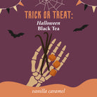 Black tea with vanilla and caramel from Plum Deluxe's Halloween Blend, showcasing a steaming cup of rich, flavorful tea.