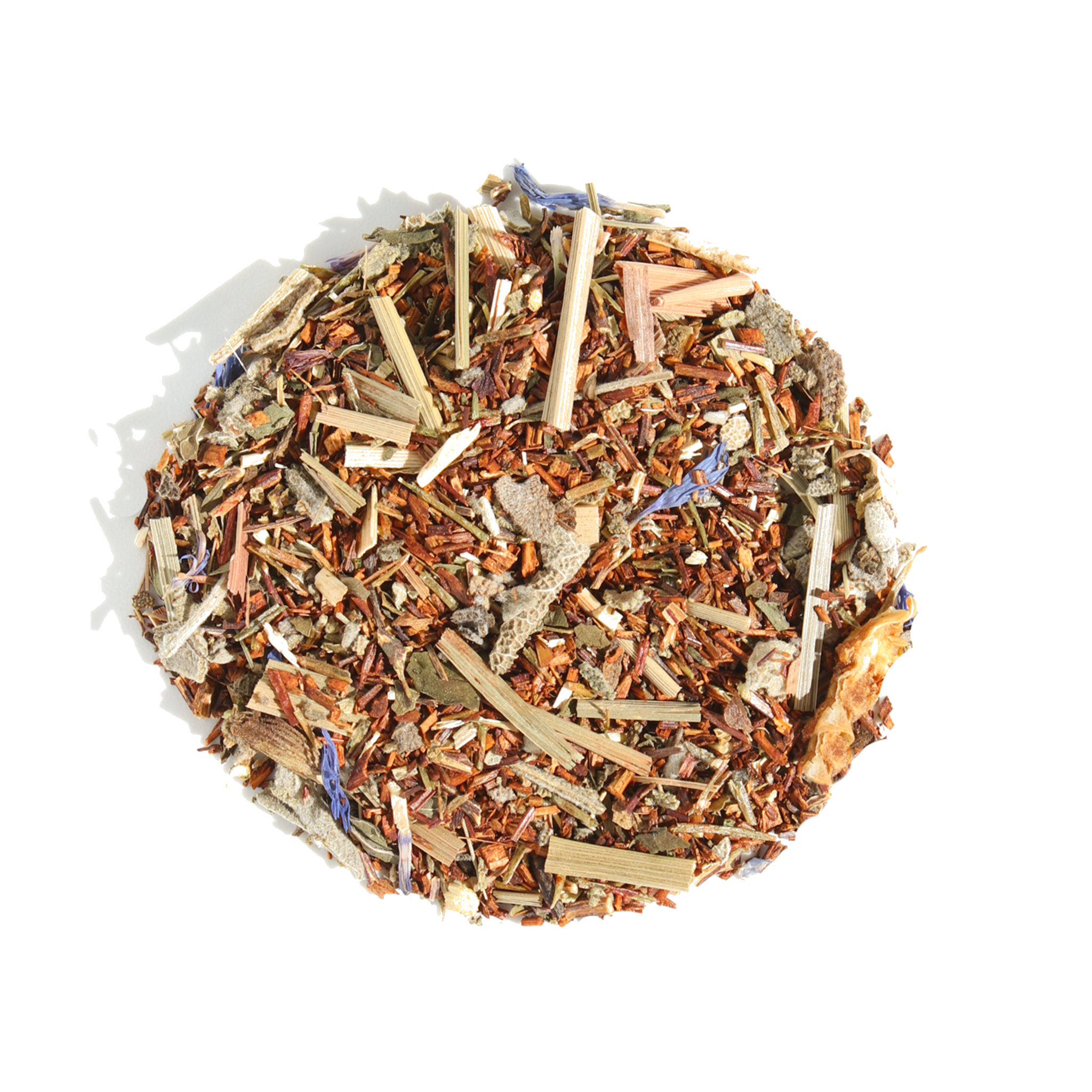 Healthy, Wealthy, & Wise herbal tea by Plum Deluxe, featuring bergamot, sage, lemongrass, and mint in a tea cup.