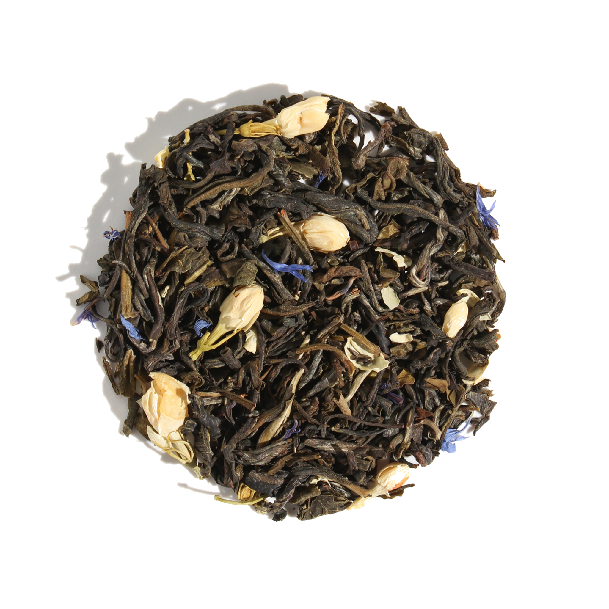 Hope Blend Green Tea with Jasmine from Plum Deluxe Tea, showing fresh green tea leaves infused with jasmine flowers.