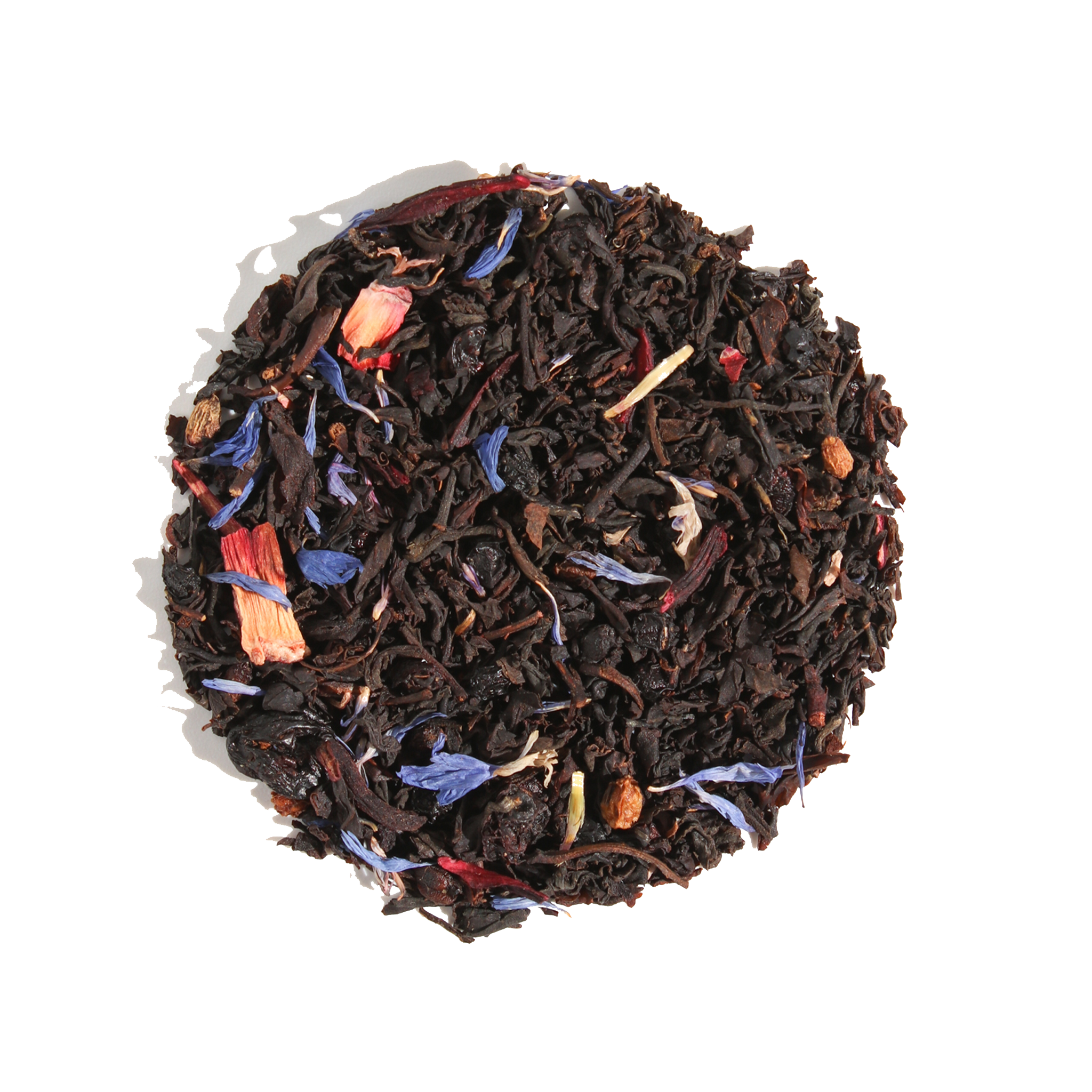 Huckleberry Happiness Black Tea by Plum Deluxe Tea in a clear glass cup with brewed tea and fresh huckleberries.