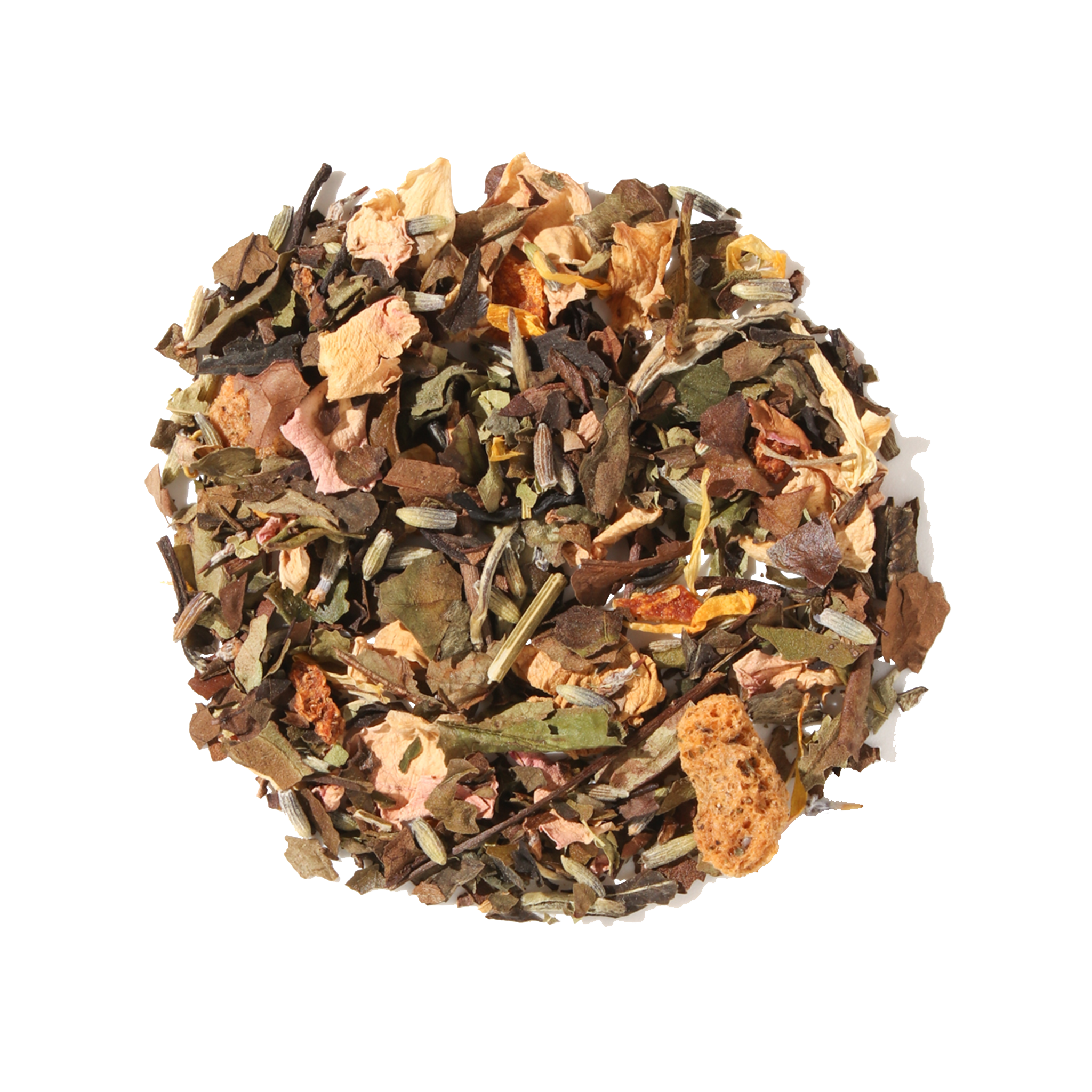 Lavender Daydream White Tea by Plum Deluxe, featuring blooming white tea with mango, peach, and floral notes in a teacup.