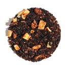 Oregon Breakfast Black Tea with Hazelnut and Orange flavor by Plum Deluxe Tea, showing a steaming cup with tea leaves and citrus slices.