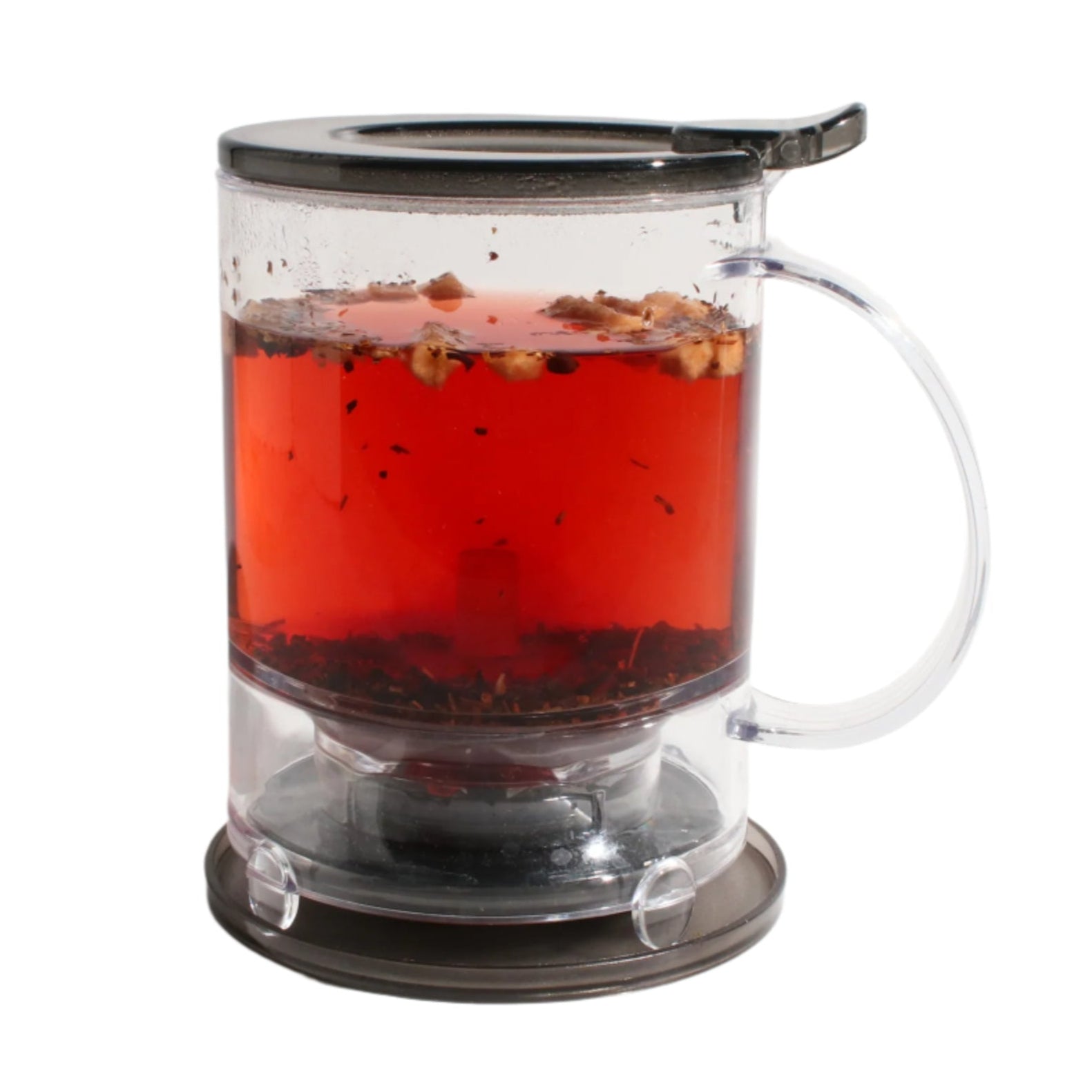 Plum Deluxe Tea Perfect Tea Maker with glass brewing chamber and stainless steel lid for easy tea preparation.