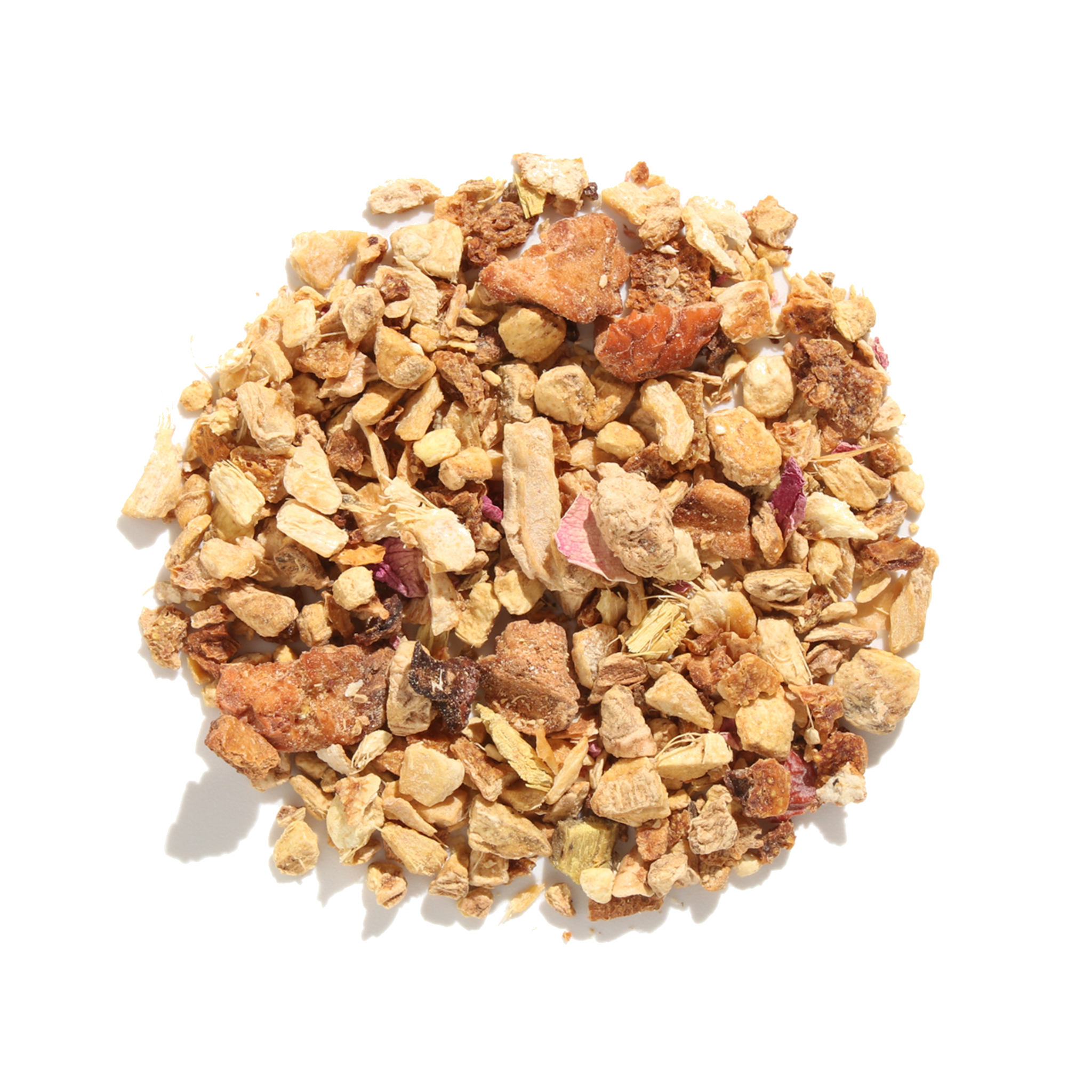 Herbal tea cup with Rejuvenation Blend by Plum Deluxe Tea, featuring ginger and lemon flavors in a natural setting.