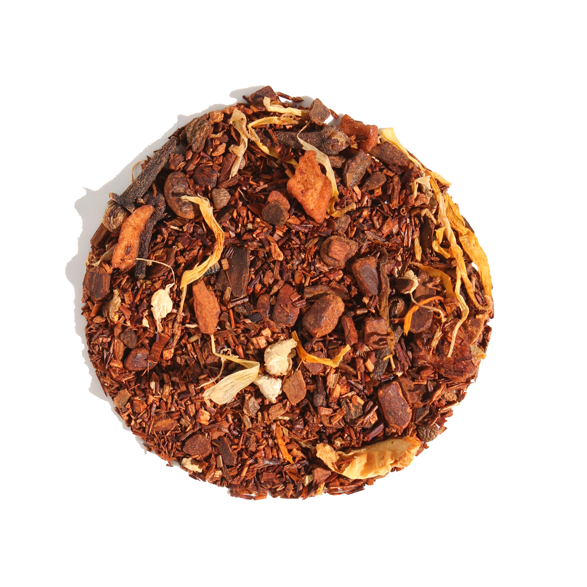 Spicy Caramel Apple Cinnamon herbal tea in a tea bag, with caramel pieces and cinnamon sticks visible for Plum Deluxe Tea.