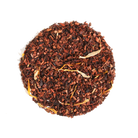 Vanilla Creme Herbal Tea by Plum Deluxe Tea, steaming cup filled with fragrant vanilla herbal blend, fresh tea leaves and vanilla pods.
