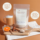 Vanilla Harmony Chai Oat Milk Latte Mix by Plum Deluxe Tea in a 10 oz package, with a cozy chai latte prepared in a cup