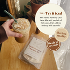 Vanilla Harmony Chai oat milk latte mix by Plum Deluxe Tea in a 10 oz package, showing the product packaging and label.