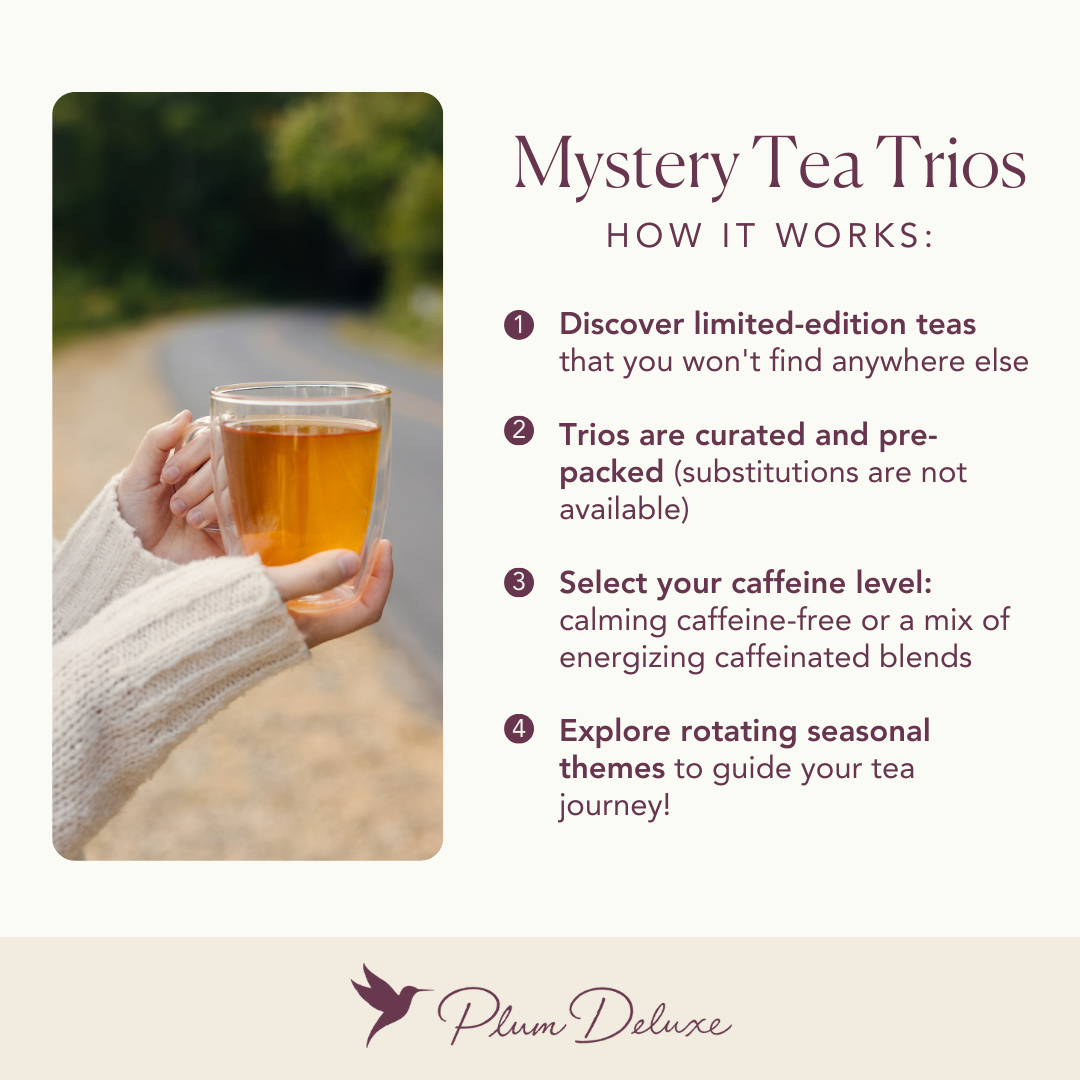 Assorted herbal teas in a Mystery Tea Trio package by Plum Deluxe Tea, featuring colorful tea leaves and packaging.